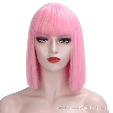 Vigorous Cheap pink Colored Short Bob Wig With Bangs Heat Resistant Synthetic Short Straight Wig For Women Cosplay Daily Use